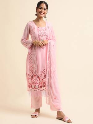 Baby pink embroidered faux georgette pakistani salwar suit 1
