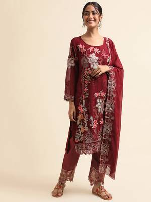 Maroon embroidered faux georgette pakistani salwar suit 1