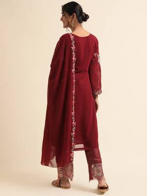 Maroon embroidered faux georgette pakistani salwar suit 2