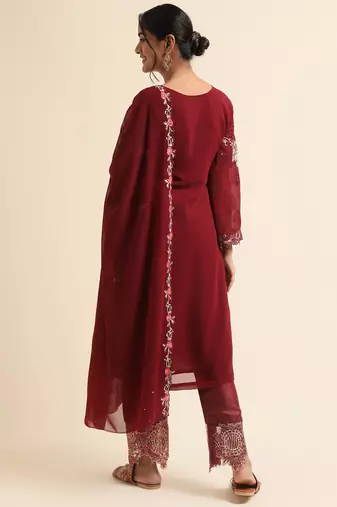 Maroon embroidered faux georgette pakistani salwar suit
