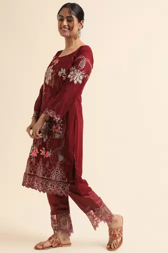Maroon embroidered faux georgette pakistani salwar suit