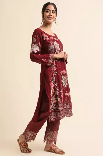 Maroon embroidered faux georgette pakistani salwar suit