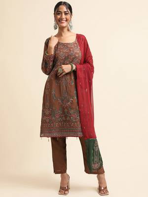 Brown embroidered faux georgette pakistani salwar suit 1