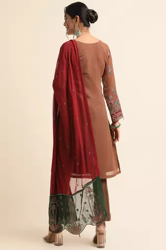 Brown embroidered faux georgette pakistani salwar suit
