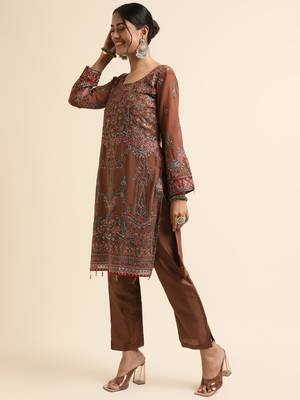 Brown embroidered faux georgette pakistani salwar suit 3