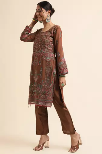 Brown embroidered faux georgette pakistani salwar suit