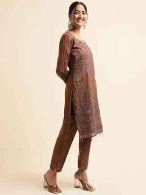 Brown embroidered faux georgette pakistani salwar suit 4