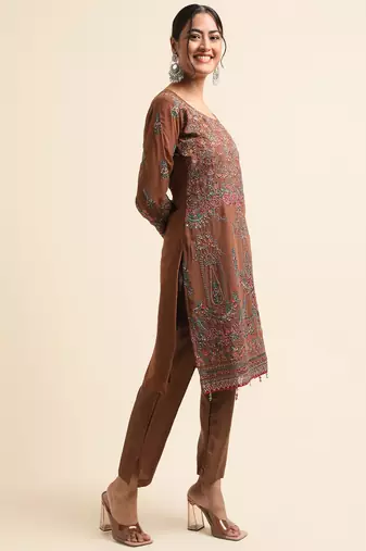 Brown embroidered faux georgette pakistani salwar suit
