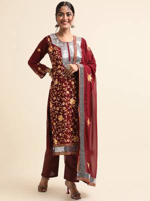 Maroon embroidered faux georgette pakistani salwar suit 1