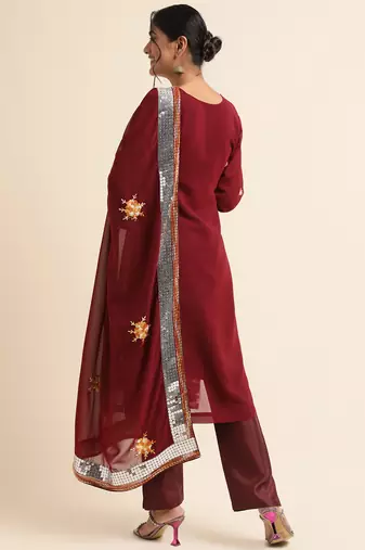 Maroon embroidered faux georgette pakistani salwar suit