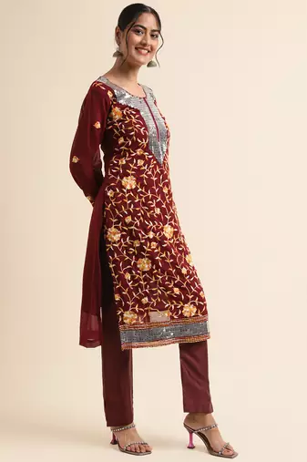 Maroon embroidered faux georgette pakistani salwar suit