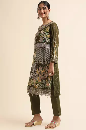 Green embroidered faux georgette pakistani salwar suit