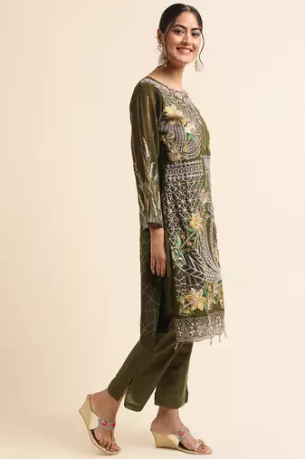 Green embroidered faux georgette pakistani salwar suit