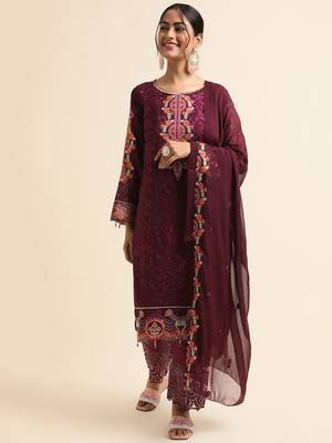 Wine embroidered faux georgette pakistani salwar suit 1