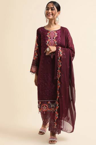 Wine embroidered faux georgette pakistani salwar suit