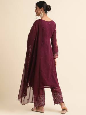 Wine embroidered faux georgette pakistani salwar suit 2