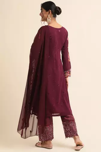 Wine embroidered faux georgette pakistani salwar suit