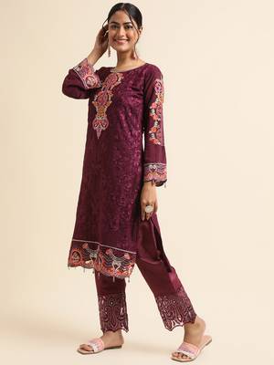 Wine embroidered faux georgette pakistani salwar suit 3