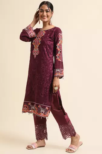 Wine embroidered faux georgette pakistani salwar suit
