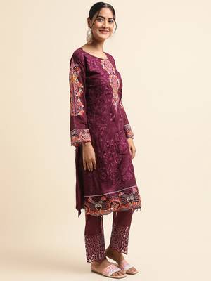 Wine embroidered faux georgette pakistani salwar suit 4