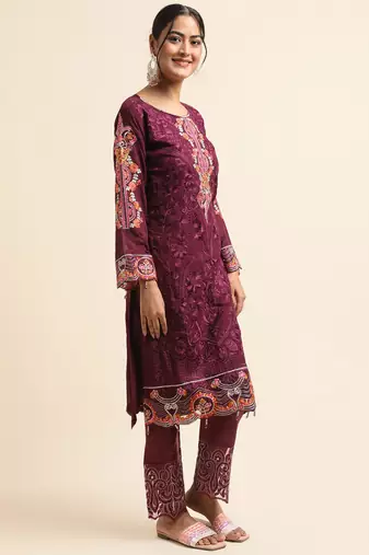 Wine embroidered faux georgette pakistani salwar suit