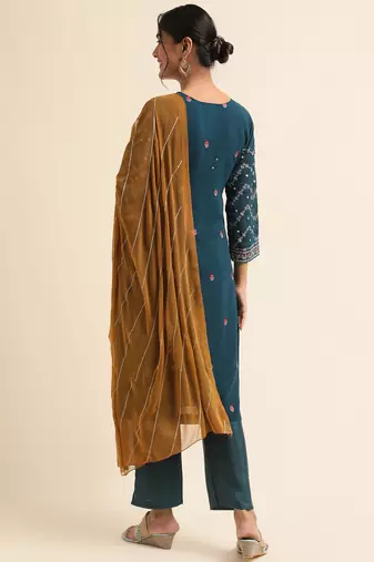 Teal embroidered faux georgette pakistani salwar suit