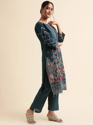 Teal embroidered faux georgette pakistani salwar suit 4