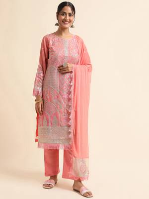 Peach embroidered faux georgette pakistani salwar suit 1