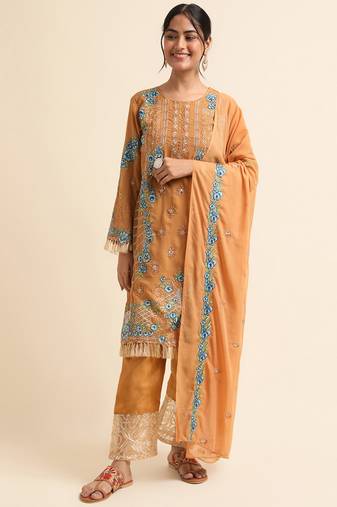 Mustard embroidered faux georgette pakistani salwar suit