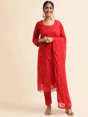 Red embroidered faux georgette pakistani salwar suit 1