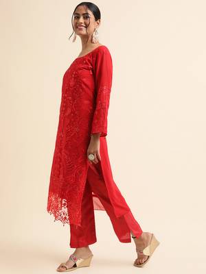 Red embroidered faux georgette pakistani salwar suit 3