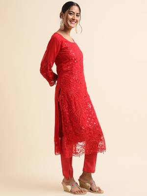 Red embroidered faux georgette pakistani salwar suit 4