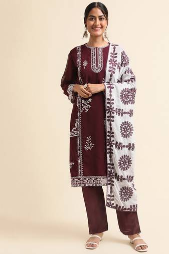 Wine embroidered faux georgette pakistani salwar suit
