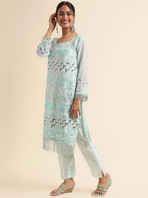 Turquoise embroidered faux georgette pakistani salwar suit 3