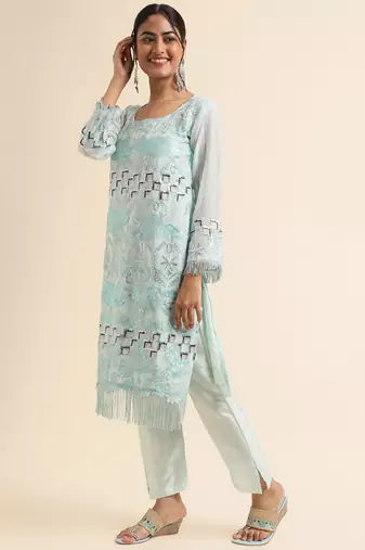 Turquoise embroidered faux georgette pakistani salwar suit