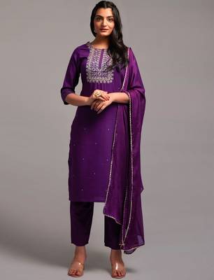 Wine Embroidered Work Slub Rayon Fabric Straight Kurta, Pant and Dupatta Set 1