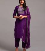 Wine Embroidered Work Slub Rayon Fabric Straight Kurta, Pant and Dupatta Set