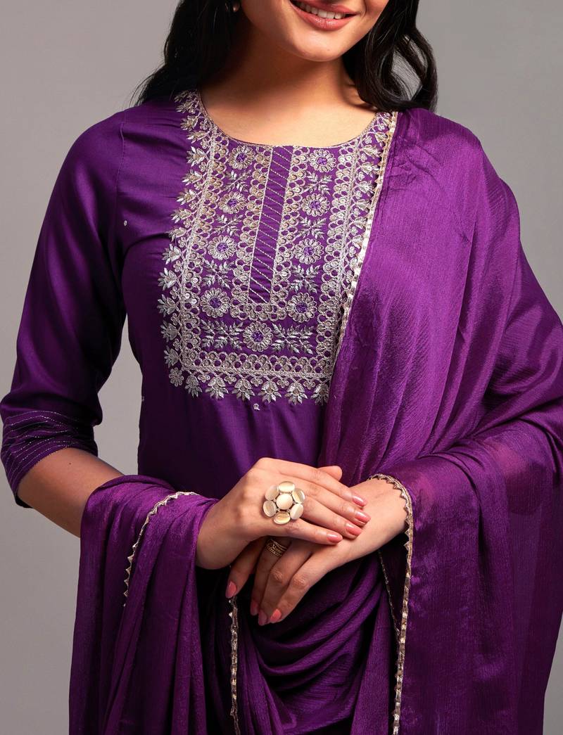 Wine Embroidered Work Slub Rayon Fabric Straight Kurta, Pant and Dupatta Set