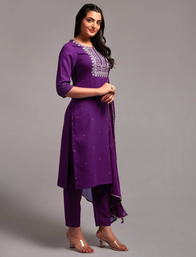 Wine Embroidered Work Slub Rayon Fabric Straight Kurta, Pant and Dupatta Set