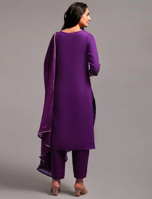Wine Embroidered Work Slub Rayon Fabric Straight Kurta, Pant and Dupatta Set 4