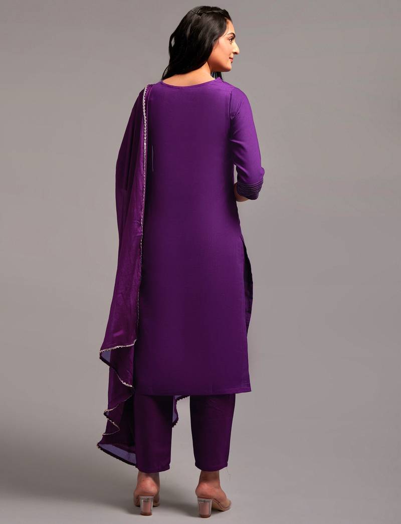Wine Embroidered Work Slub Rayon Fabric Straight Kurta, Pant and Dupatta Set
