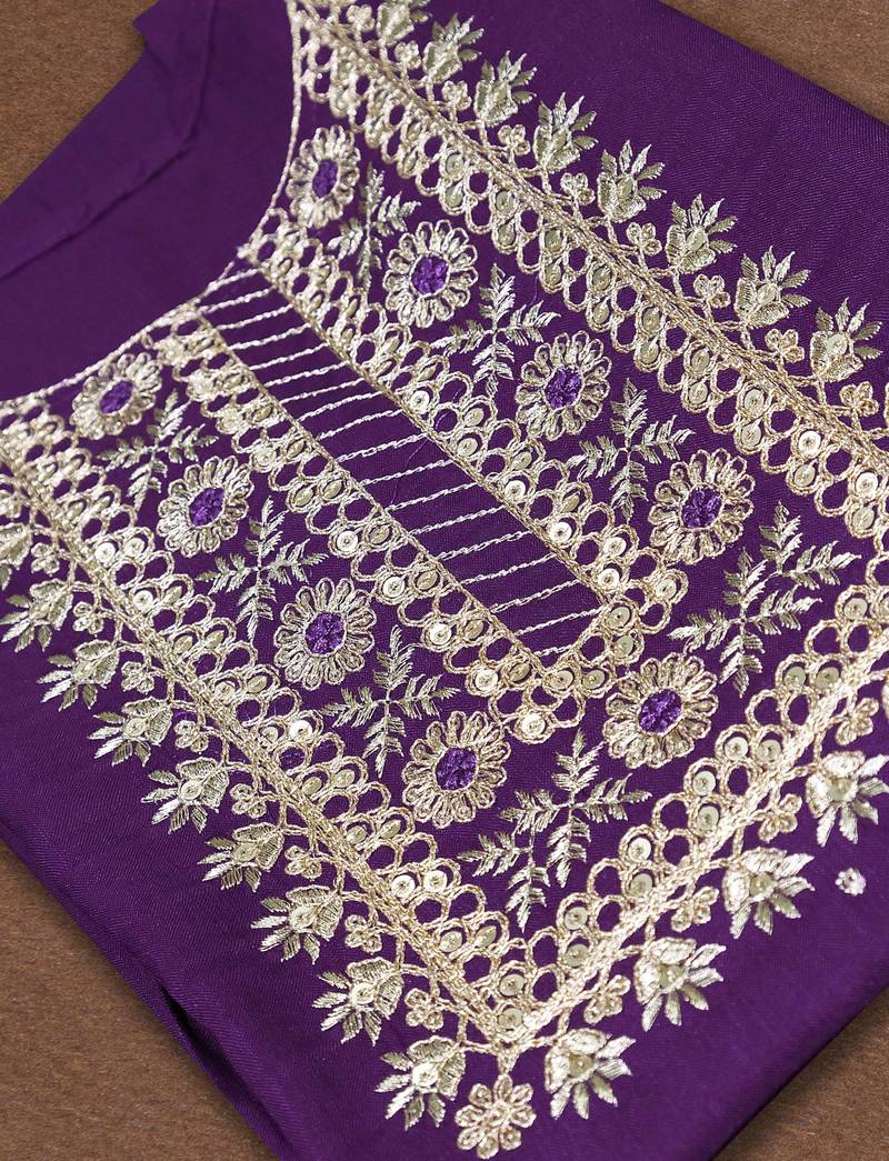 Wine Embroidered Work Slub Rayon Fabric Straight Kurta, Pant and Dupatta Set