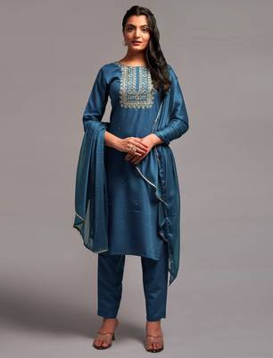 Dark Sea Color Embroidered Work Slub Rayon Fabric Straight Kurta, Pant and Dupatta Set 1
