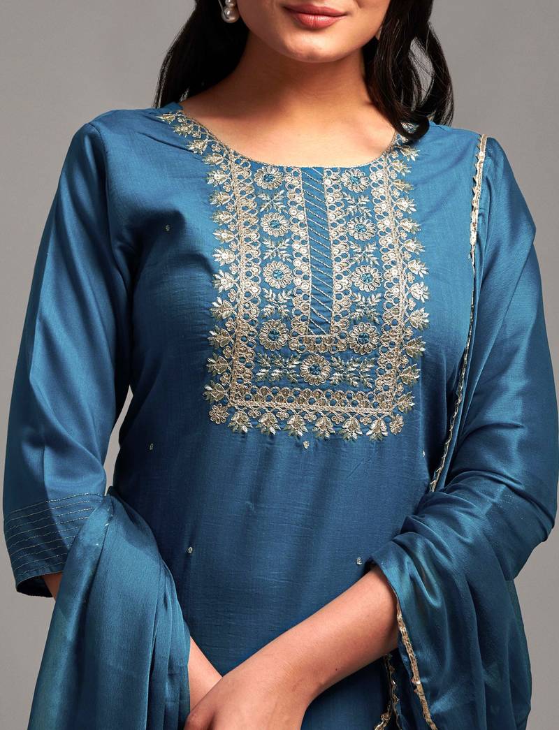 Dark Sea Color Embroidered Work Slub Rayon Fabric Straight Kurta, Pant and Dupatta Set