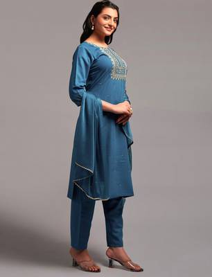 Dark Sea Color Embroidered Work Slub Rayon Fabric Straight Kurta, Pant and Dupatta Set 3