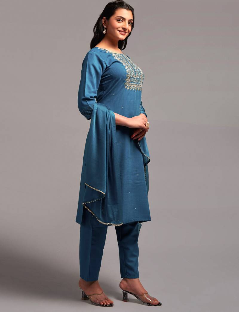 Dark Sea Color Embroidered Work Slub Rayon Fabric Straight Kurta, Pant and Dupatta Set