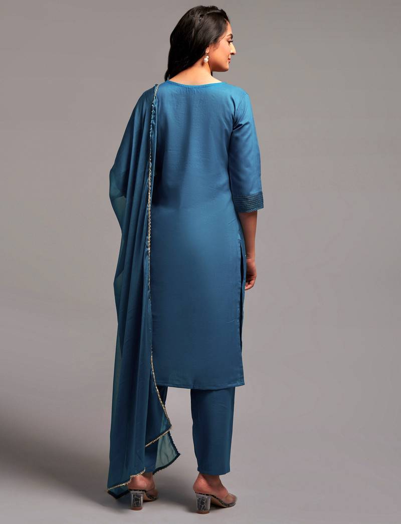 Dark Sea Color Embroidered Work Slub Rayon Fabric Straight Kurta, Pant and Dupatta Set