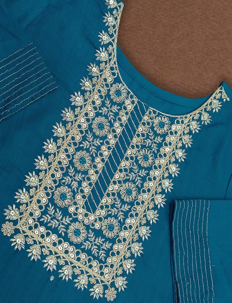 Dark Sea Color Embroidered Work Slub Rayon Fabric Straight Kurta, Pant and Dupatta Set