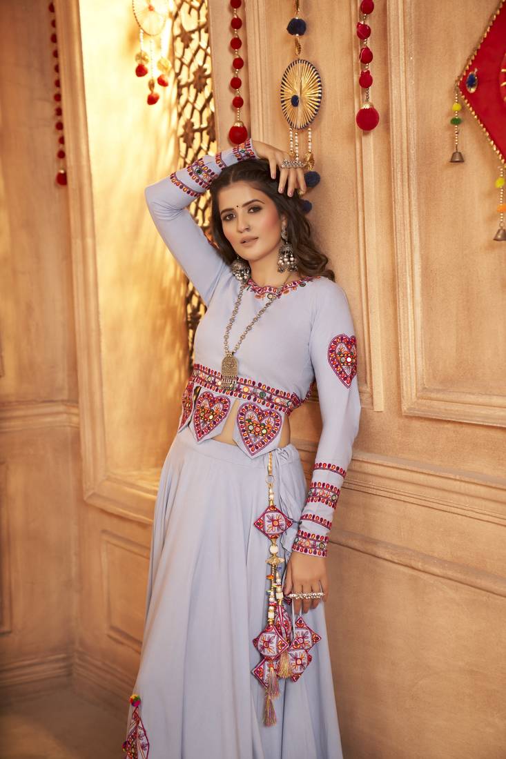 SKY BLUE THREAD EMBROIDERED WITH MIRROR VISCOSE RAYON TRADITIONAL NAVRATRI FESTIVAL STITCHED LEHENGA CHOLI