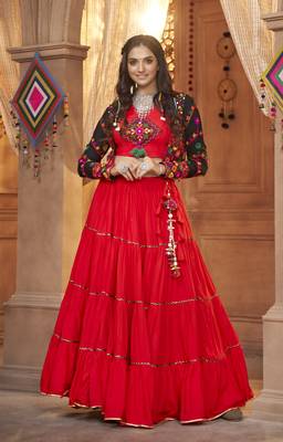 RED THREAD EMBROIDERED WITH MIRROR VISCOSE RAYON TRADITIONAL NAVRATRI FESTIVAL STITCHED LEHENGA CHOLI KOTI/SHRUG 6